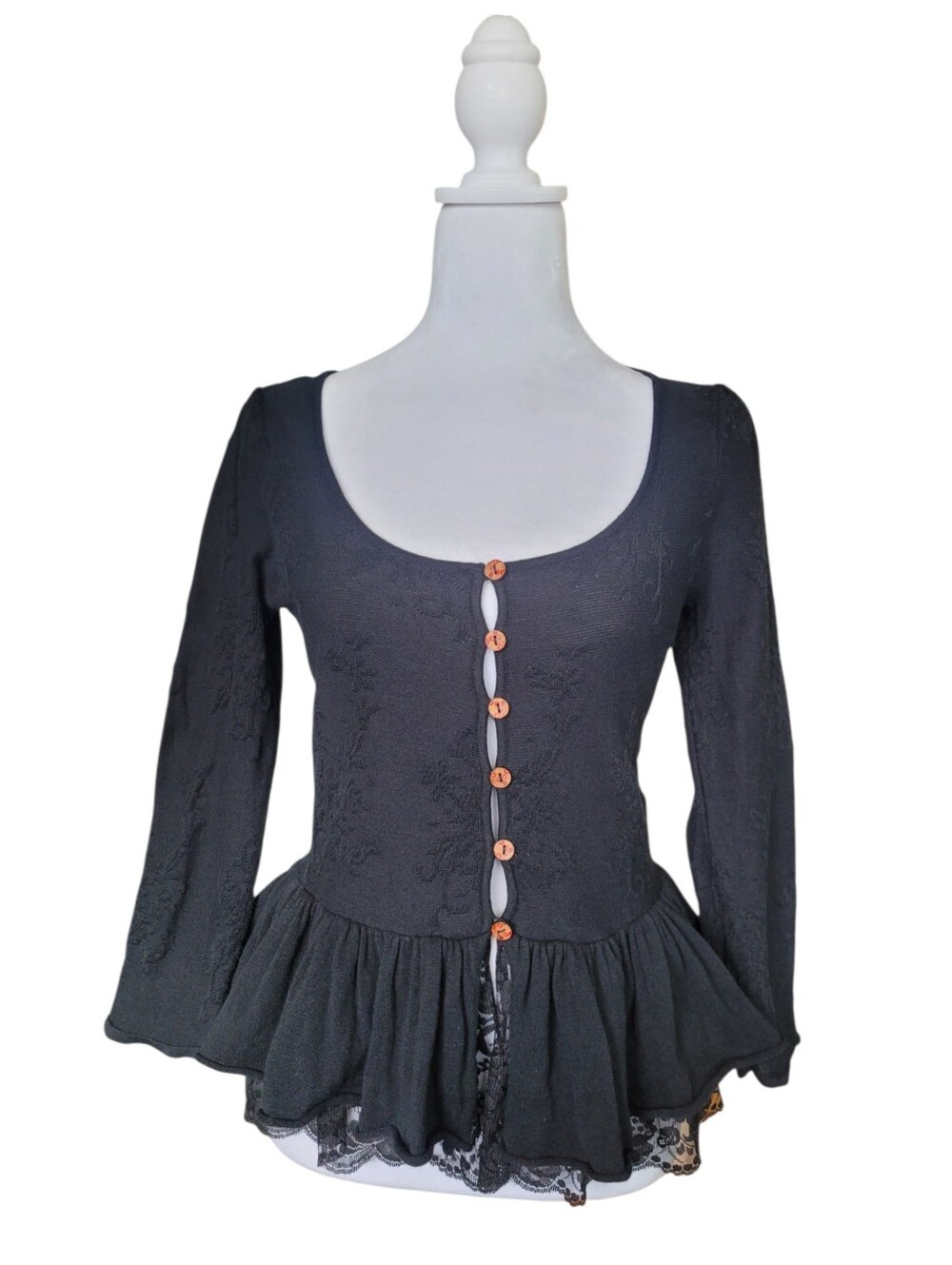 Vintage Betsey Johnson Black Long Sleeve Peplum Cardigan with Lace Trim